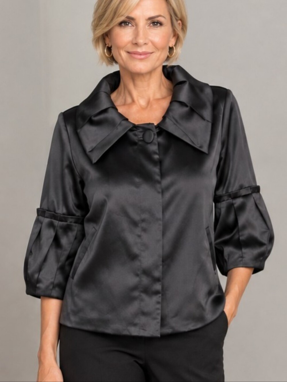 Attention Black Satin Top With Statement Collar And Large Button Down Front
